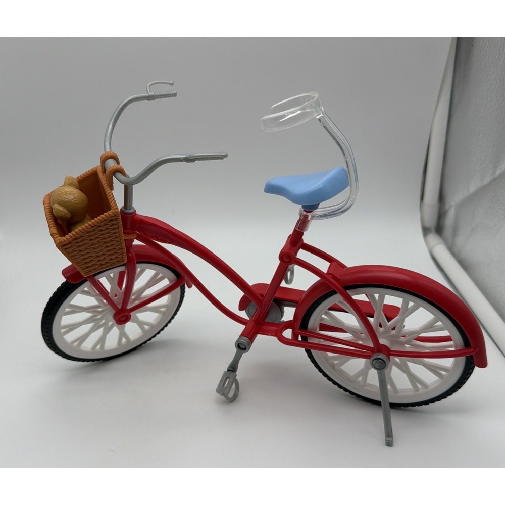 Barbie Red Beach Cruiser Bicycle Toy Blue Seat White Wheels Doll Clip Basket